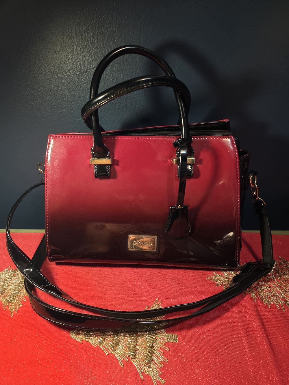 GRAND Patent Faux Leather Satchel Handbag – Red & Black